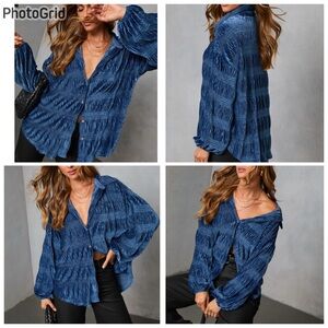 Vici Women’s XSmall Bette Textured Velvet Button Down Top Blue Ruched Stretch